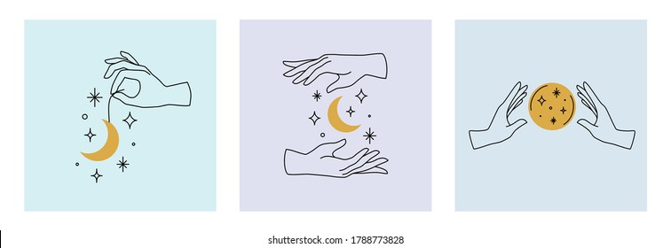 Vector set of female hand logos, icons in minimal linear style. Emblem design templates with hand gestures, moon, stars and planet for cosmetics, manicure, beauty, tattoo, spa, jewelry store