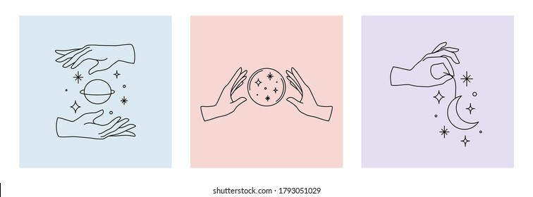 Conjunto vectorial de logotipos femeninos de mano, íconos con un estilo lineal mínimo. Emblema plantillas de diseño con gestos de mano, luna, estrellas y planeta para cosméticos, manicura, belleza, tatuaje, spa, joyería