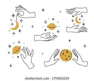 Vector set of female hand logos, icons in minimal linear style. Emblem design templates with hand gestures, moon, stars and planet for cosmetics, manicure, beauty, tattoo, spa, jewelry store