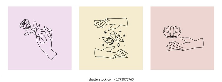 Conjunto vectorial de logotipos femeninos de mano, íconos con un estilo lineal mínimo. Emblema plantillas de diseño con gestos a mano, rosa, cristales y loto para cosméticos, manicura, belleza, tatuaje, spa, joyería