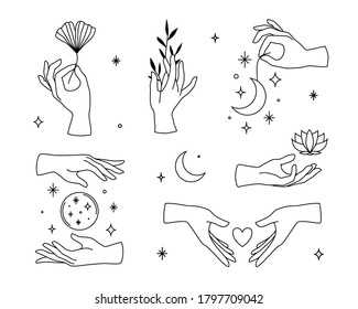 Conjunto vectorial de logotipos femeninos de mano, íconos con un estilo lineal mínimo. Emblema plantillas de diseño con gestos de mano, luna, loto, hoja ginko para cosméticos, manicura, belleza, tatuaje, spa, joyería