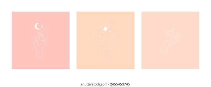 Vector set of female hand logos, icons in minimal linear style. Elegant female hands. Moon, planet, stars. Logo design templates in trendy minimalistic style. Witchcraft, Boho, esoteric concept