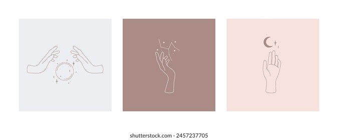 Conjunto de Vector de logotipos de mano femenina, íconos en estilo lineal mínimo. Plantillas de diseño de emblemas con gestos de mano, luna, esfera mágica, constelación, estrellas. Concepto de Astrología, Magia, Hechicería, Esoterismo
