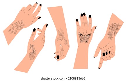 Vector set of female hands with black manicure and tattoos. Tattoo flowers, fish, bird, butterfly.