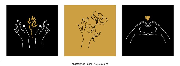 Vector set of female hands in different gestures: holding plant, flower and making heart of fingers. Abstract trendy template cards with logos or emblems for cosmetics, packaging or beauty products