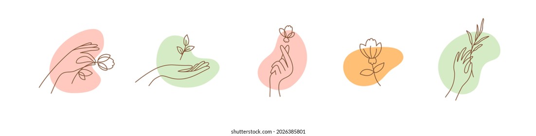 Vector set of female hands with flowers. Icons in minimal trendy linear style. Womans hand holding branch, leaf or flower bud. Abstract logo for wedding, cosmetics, jewelry. Nature beauty illustration