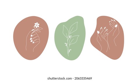 Vector set of female hands.Icons in minimal trendy linear style. Womans hand holding flower. A twig with leaves.Abstract logo for manicure master, cosmetics,emblem for beauty or nail studio.Logo nail