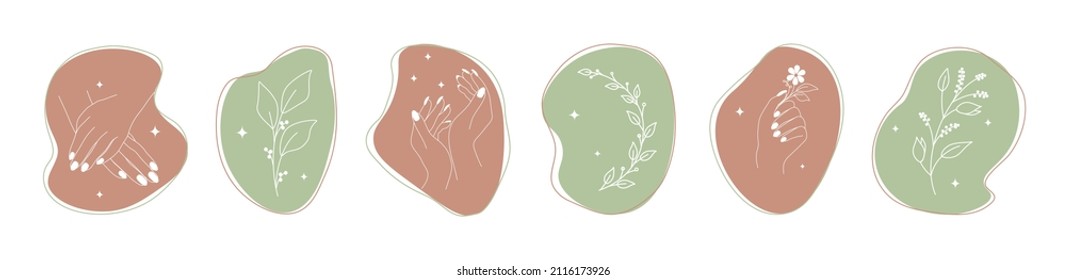  Vector set of female hands.Icons in minimal trendy linear style. Womans hand holding flower. A twig with leaves.Abstract logo for manicure master, cosmetics,emblem for beauty or nail studio.Logo nail