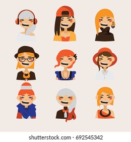 Vector set with female hipster avatars smiling and watching at spectator. Bright characters with various hairstyle and clothes, hats and coloring.