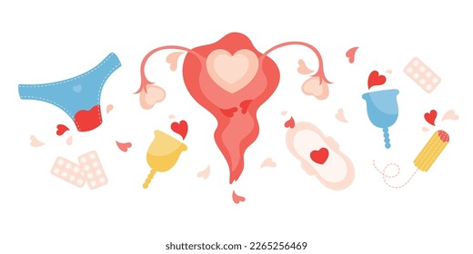 Vector set of female intimate hygiene products. Women supplies for menstruation underpants, pads, tampon, menstrual cup and pills. An image of the uterus. Menstrual cycle. Girl critical days