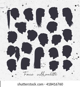 Vector set of female and male silhouettes drawing with black on dirty paper background