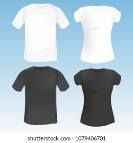 vector set of female and male t-shirt template. black and white. realistic mock up