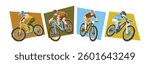 Vector set of female mountain biker, downhill. Sport, race, competition concept. Isolated on white background. Flat illustration.