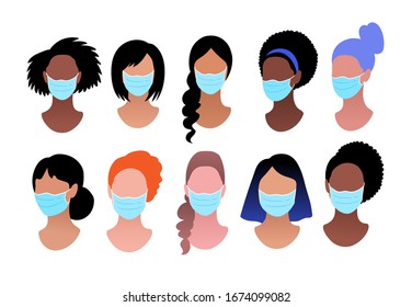 Conjunto vectorial de retratos multiétnicos femeninos con máscaras médicas de protección aisladas en fondo blanco. Ilustraciones de cuarentena de Coronavirus.