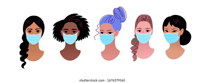 Conjunto vectorial de retratos multiétnicos femeninos con mascarilla médica protegida aislados en fondo blanco. Ilustraciones de cuarentena de Coronavirus.
