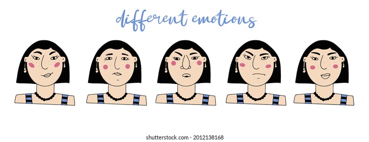 Vector set of female portraits. Cartoon funny minimalistic character with different emotions and moods. Fear, sadness, joy, surprise. Avatar for social networks.