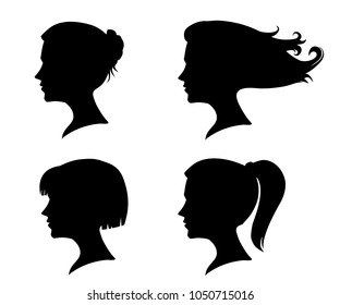 Vector set of female profile silhouettes isolated on white