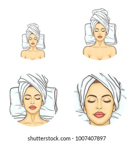 Vector set of female round avatars for users of social networks, blogs, profile icons in pop art style. Young girl with closed eyes, with towel on her head relaxes in spa salon after beauty procedures