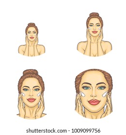 Vector set of female round avatars for users of social networks, blogs, profile icons in pop art style. Young attractive sexy woman applies moisturizing cream on skin and makes herself a face massage