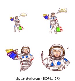 Vector set of female round avatars for users of social networks, blogs, profile icons in pop art style. Happy smiling astronaut girl holds shopping bags in hands and announces space discounts