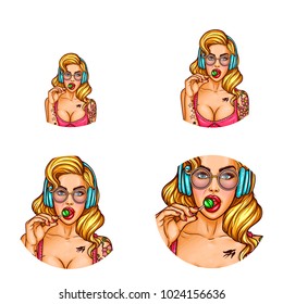 Vector set of female round avatars for users of social networks, blogs, profile icons in pop art style. Flirting sexy woman with big breast, tattooed blonde girl in headphones sucks lollipop