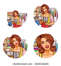 Vector set of female round avatars for users of social networks, blogs, profile icons in pop art style. Smiling pretty woman seamstress sews on a modern electric sewing-machine in workshop
