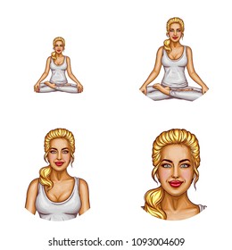 Vector set of female round avatars for users of social networks, blogs, profile icons in pop art style. Smiling young blonde girl in white sport suit sits in lotus pose or padmasana and does yoga