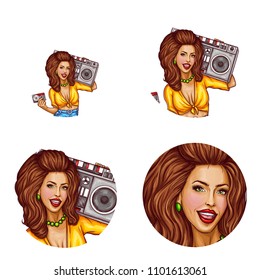 Vector set of female round avatars for users of social networks, blogs, profile icons in pop art style. Sexy smiling girl with bright makeup holds tape recorder on her shoulder and listen music