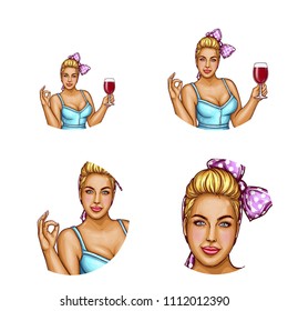 Vector set of female round avatars for users of social networks, blogs, profile icons in pop art style. Sexy fat woman, xxl size girl holds glass of red wine and shows OK sign with her hand