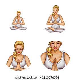 Vector set of female round avatars for users of social networks, blogs, profile icons in pop art style. Young blonde girl with closed eyes sits in lotus position, does yoga or practices meditation