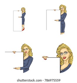 Vector set of female round avatars for users of social networks, blogs, profile icons. Pop art sexy blonde woman in a business suit holds blank sheet and points hand at empty place for your message