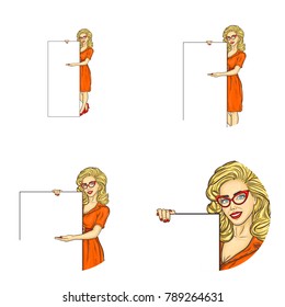 Vector set of female round avatars for users of social networks, profile icons. Pop art blonde woman with red glasses, in orange dress holds blank sheet and points hand at empty place for text