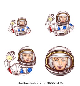 Vector set of female round avatars for users of social networks, blogs, profile icons in pop art style. Young smiling astronaut girl in a space suit waving her hand and sends a greeting