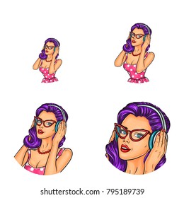 Vector set of female round avatars for users of social networks, blogs, profile icons in pop art style. Pretty pin up girl with violet hair, in glasses and headphones listens to music and enjoys it