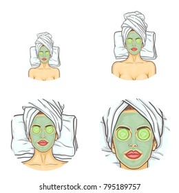 Vector set of female round avatars for users of social networks, blogs, profile icons in pop art style. Young girl with cosmetic mask on face, with cucumber slices on closed eyes relaxes in spa salon