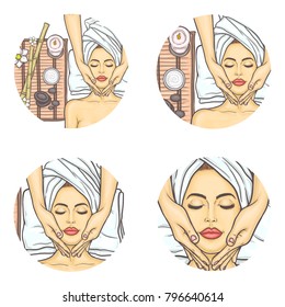 Vector set of female round avatars for users of social networks, blogs, profile icons in pop art style. Young girl with closed eyes relaxes in spa salon while a beautician makes her a face massage