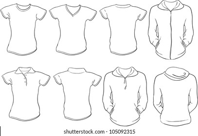 vector set of female shirts template, front and back designs in white, check out my portfolio for different t-shirt templates