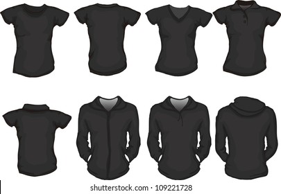 vector set of female shirts template in black, front and back designs, check out my portfolio for different t-shirt templates