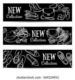 Vector set of female shoes and bags horizontal banner. Sketchy fashion objects on blackboard. Spring and summer accessories collection