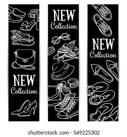 Vector set of female shoes and bags vertical banner. Sketchy fashion objects on blackboard. Spring and summer accessories collection