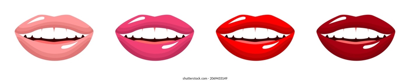 Vector set of female smiling mouths with pink and red lips. Lipstick or lip gloss palette