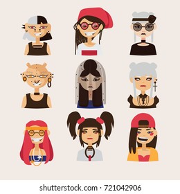 Vector set with female subcultural characters. Rasta, body modification, hipster, goth, visual kei girls. 