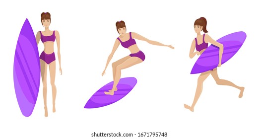 Vector set of female surfers in different poses. Characters in cartoon style isolated on white background.