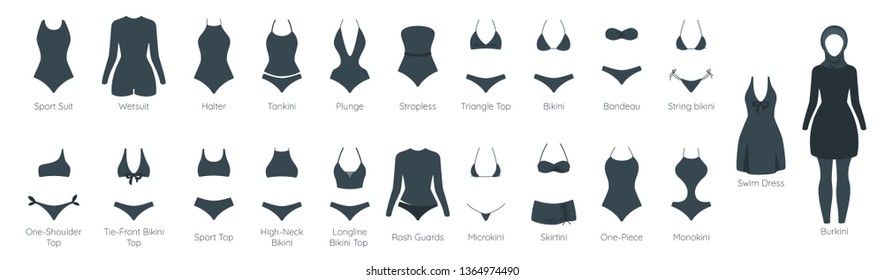 Vector Set Of Female Swimsuit Black Icons. Different Types Of Beachwear Silhouettes Isolated On White Background.