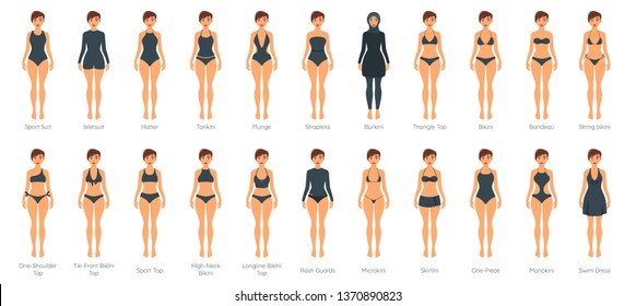 Vector set of female swimsuit on adult Caucasian woman models. Different types of black color beachwear isolated on white background.