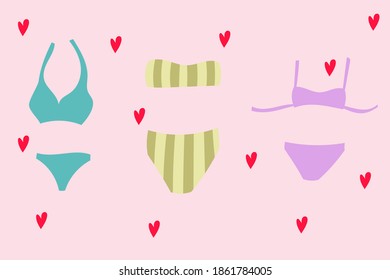 Vector set of female swimsuit on  pink  background with hearts 