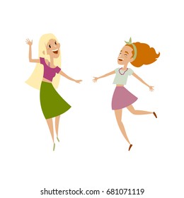 Vector set of female teenagers in casual clothing funny dances. Flat cartoon illustration isolated on a white background. Young girls have fun dancing, smiling cheerfully. Blond, brown hair color