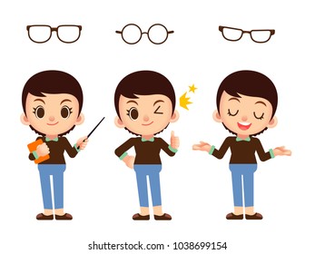 Vector set of female, women teacher character in different poses with different eyeglasses isolated on white background