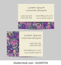 Vector set of feminine delicate hand drawn boho doodle paisley business card template designs.