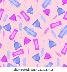 Vector set of feminine hygiene products. Seamless pattern. Tampon, pad, menstrual cup. Menstrual cycle. Woman critical days. 